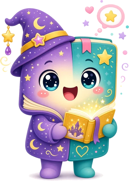 The 2 Minute Tales wizard, a happy little storybook in a starry hat, holding a glowing book